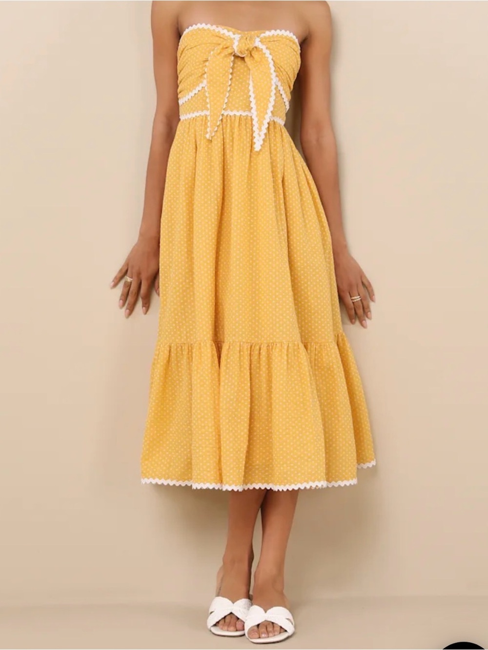 NWOT Lulu's Yellow Strapless Midi Dress with Front Bow